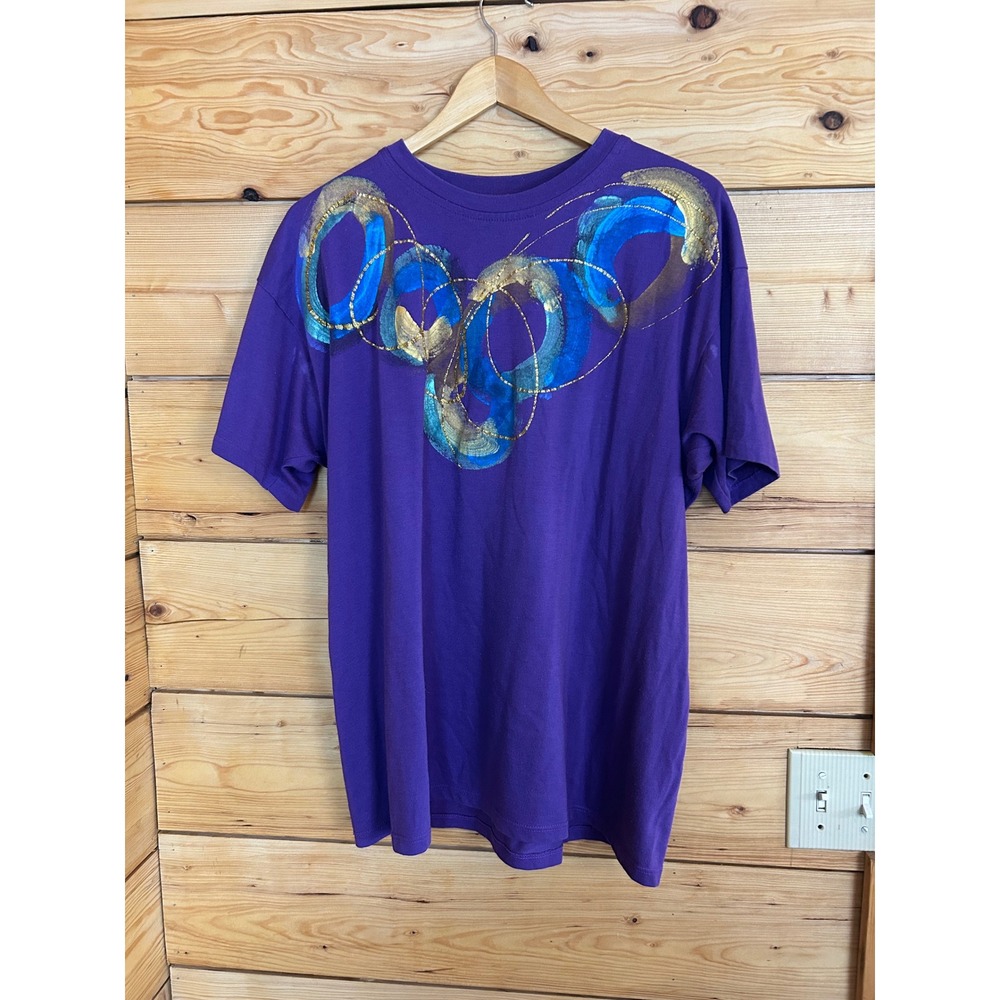 Vintage Hand Painted T Shirt Unisex Large Purple Abstract Avan Garde 90s Art Tee